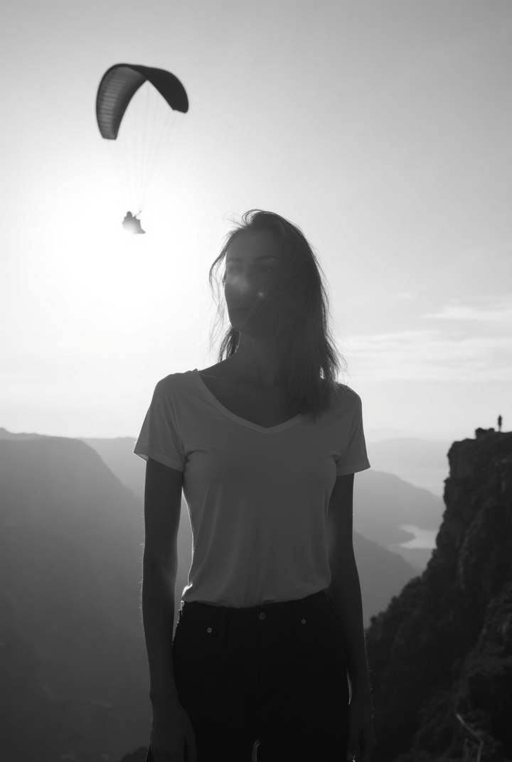 AI generated image by FLUX-Realism-Lora: Black and white photo of a sexy young woman silhouette standing on the cliff lifted her T-shirt to show her breasts to a paraglider flying overhead. Sky background. Backlight 