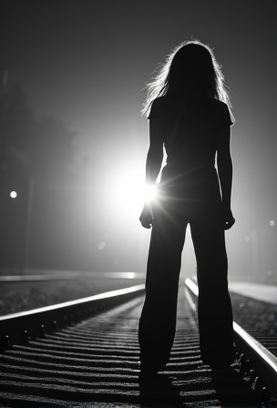 AI generated image by FLUX.1-image-to-image: A black-and-white central compositioned closeup photo at night. The silhouette of a woman's wide spreaded legs stands with her back to the camera on railroad tracks, facing the background. A train spotlight from the background shines between her legs. dramatic backlit lighting