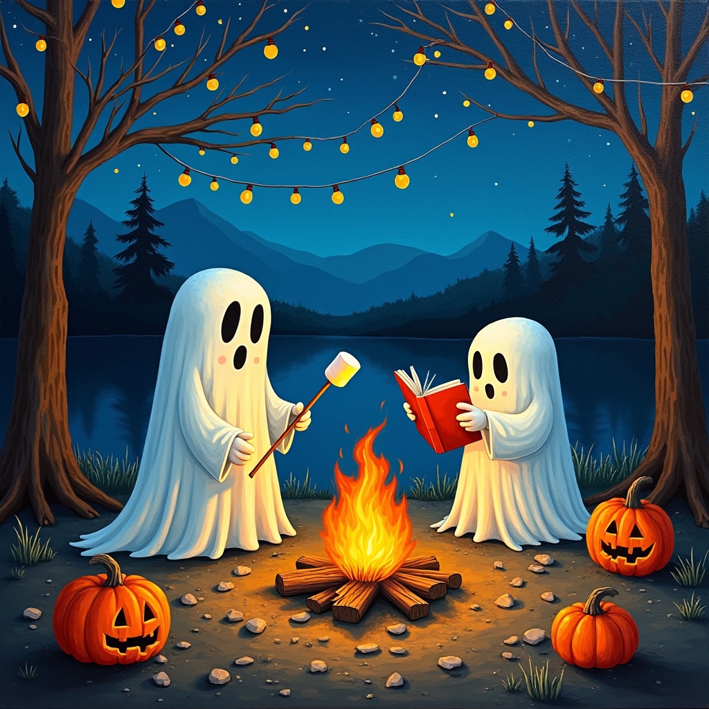 AI generated image by FLUX.1: create a painting of three ghosts camping. two are roasting marshmallows on a stick around a campfire and one is reading a spooky book. The campsite should be decorated with halloween decorations, jackolanterns, lights, etc. Make it in the style of van gogh. More like van gogh style starry night