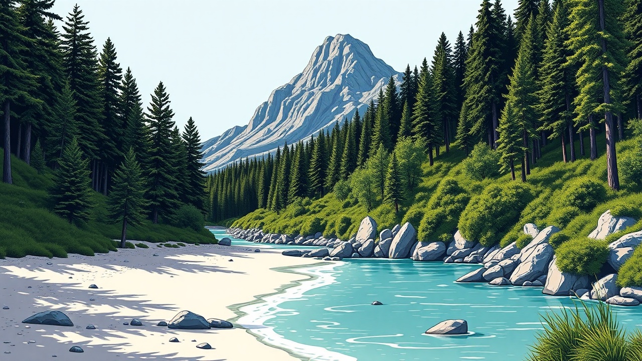 AI generated image by FLUX.1-schnell: a one colour vector based illsutration of a beach which leads into a hiking trail which leads to a mountain. the graphic is usable for a travel agency. 2d side view.