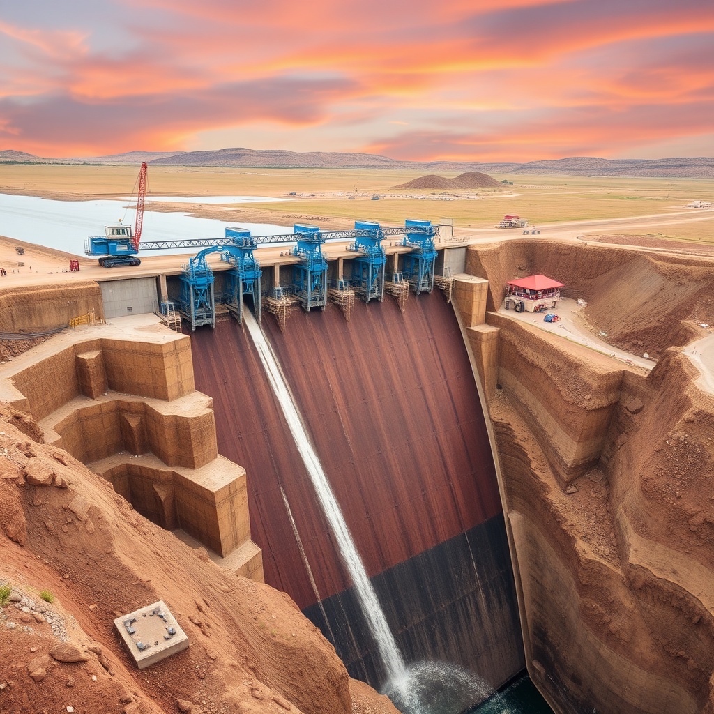 AI generated image by FLUX.1-schnell:  large scale earthfilling dam with blue equipments
