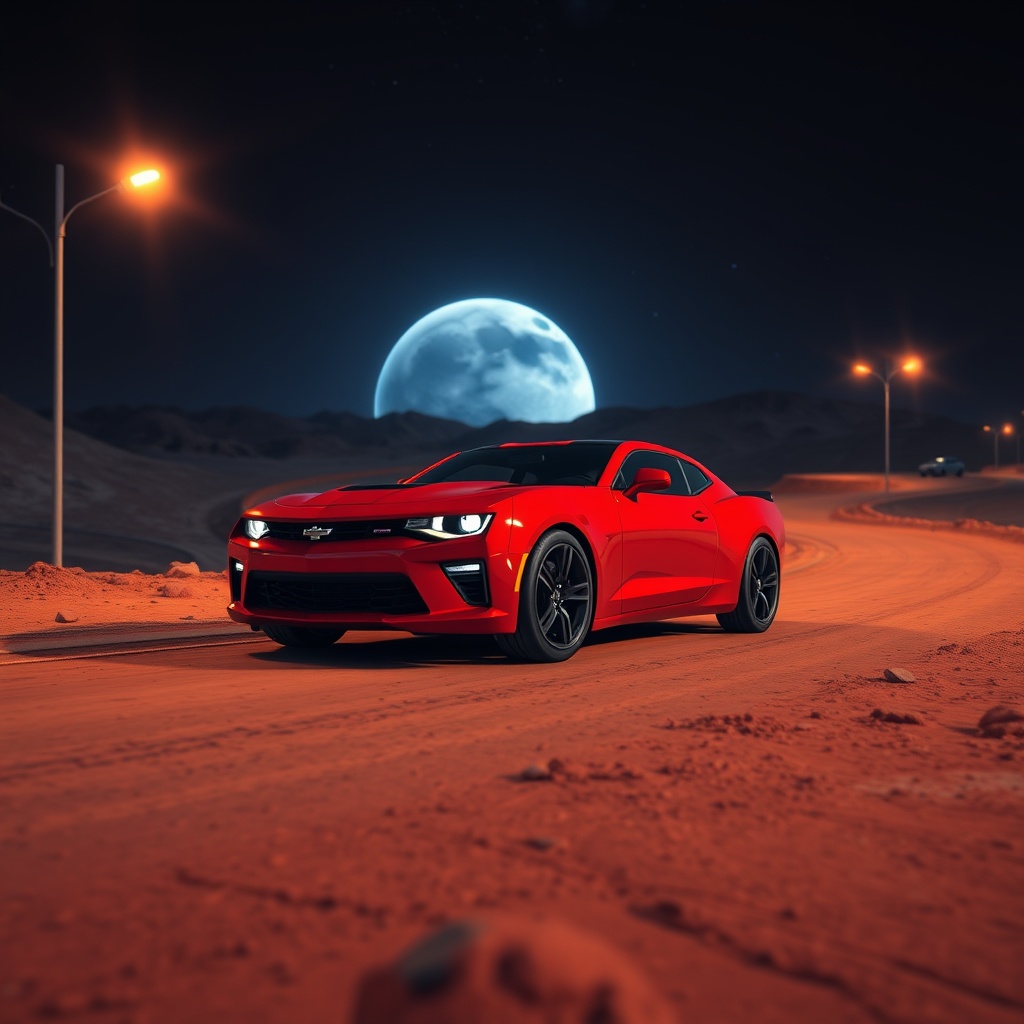 AI generated image by FLUX.1-schnell: A crimson red Camaro zooms down the serpentine lunar highways, its sleek curves reflected in the moon's rusty red soil beneath. Behind it, the curved horizon of the Earth glows with a soft blue hue, as if painted by the rising stars in the velvety blackness of space. Streetlights flicker to life, casting a warm orange glow on the desolate, powdery moon surface. The scene is bathed in the deep, inky darkness of night, with the slight purple of the Earth's atmosphere muted in the distance. Render this cinematic scene in ultra-high definition, with painstaking attention to every texture, every shred of detail, every nuanced play of light and shadow.

G