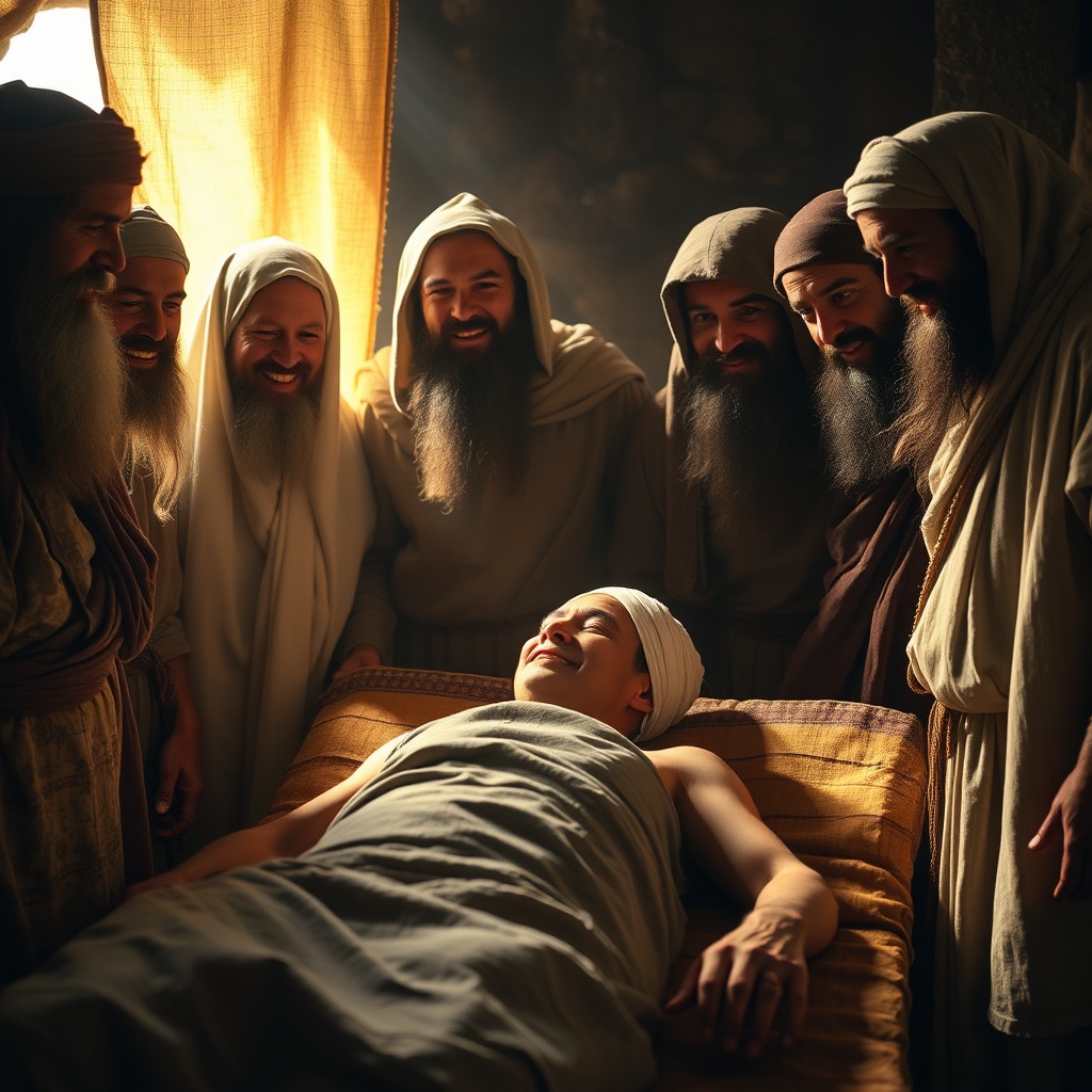 AI generated image by FLUX.1-schnell: A group of ancient healers gathered around a patient with his head wrapped in bandages, celebrating the successful trepanation procedure. The healers are smiling and relieved, while the patient, lying on a simple wooden bed, appears calm. Soft, warm lighting creates a hopeful and triumphant atmosphere, patient smiling