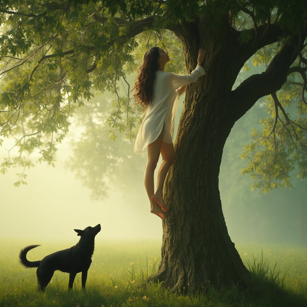 AI generated image by FLUX-Realism-Lora: A beautiful, young Indian gorgeous lady young lady is seen climbing the tamarind tree view of her garden she is laughing and climbing the branches from her garden tree (step by step), she is wearing morden white transpernt mini shirt only, not use other cloth , her beautiful legs are visible till the up , a black dog is standing under the tree watching her climb the tree, her hair and clothes are blowing in the wind , she has good fair, ovel face and beautiful, wide waist. looks ultra realistic hot and hyper realistic erotic face.