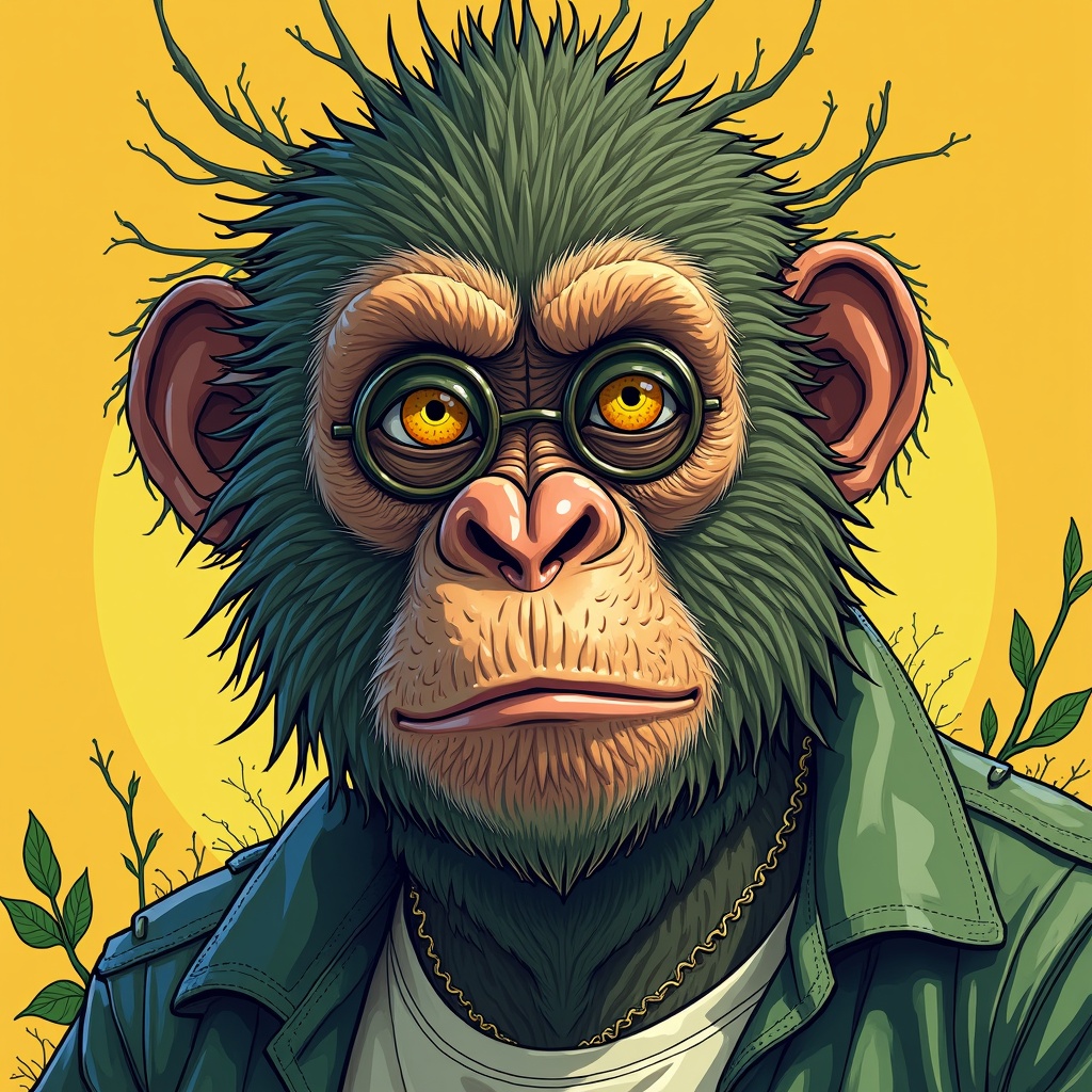 AI generated image by FLUX.1-image-to-image: Create a richly detailed image featuring a character that resembles an ape, composed entirely from plant elements. This character blends harmoniously into the natural surroundings but possesses distinct facial features fashioned from twigs, giving him a unique visage. Render him wearing a T-shirt or jacket, and ensure his eyes imitate specific plant species to add an element of intrigue. Focus on this character's unusual, plant-like existence, while highlighting the eccentric features. Set the scene against a clear, radiant, single-tone backdrop with random high saturation of various colors. The artistic style should depict meticulous detail and incorporate vibrant background shades, reminiscent of pre-1912 Japanese ukiyo-e art which entails characteristics of precision and color variety, similar to some stylistic elements of popular animations.