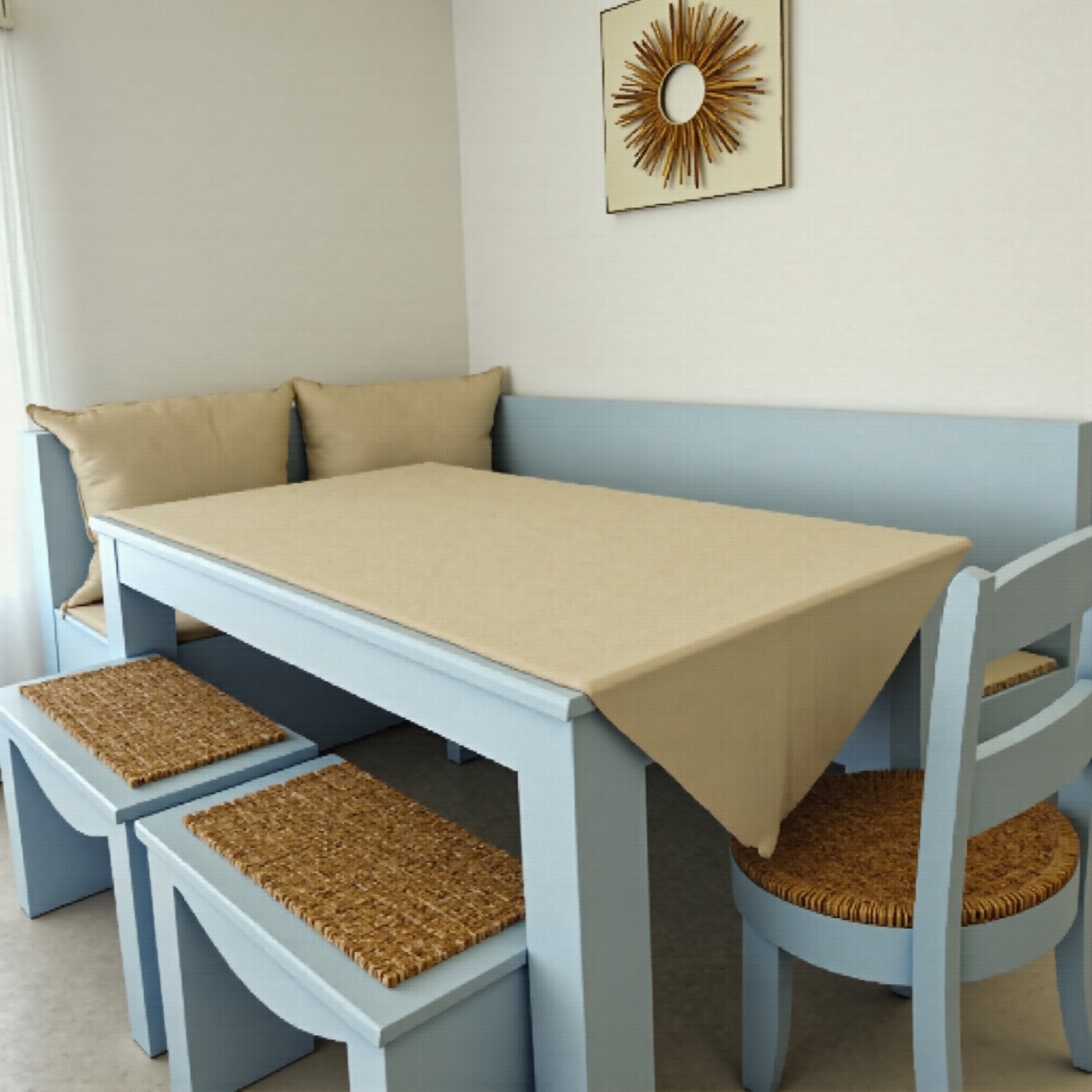 AI generated image by FLUX.1-image-to-image: ponle cojines a bancos arcones y sillas, crea un rincon de comedor diario, que trasmita calma, que sea natural de estilo shabby chic y utiliza colores complementarios al azul. la mesa dejala de color madera. 