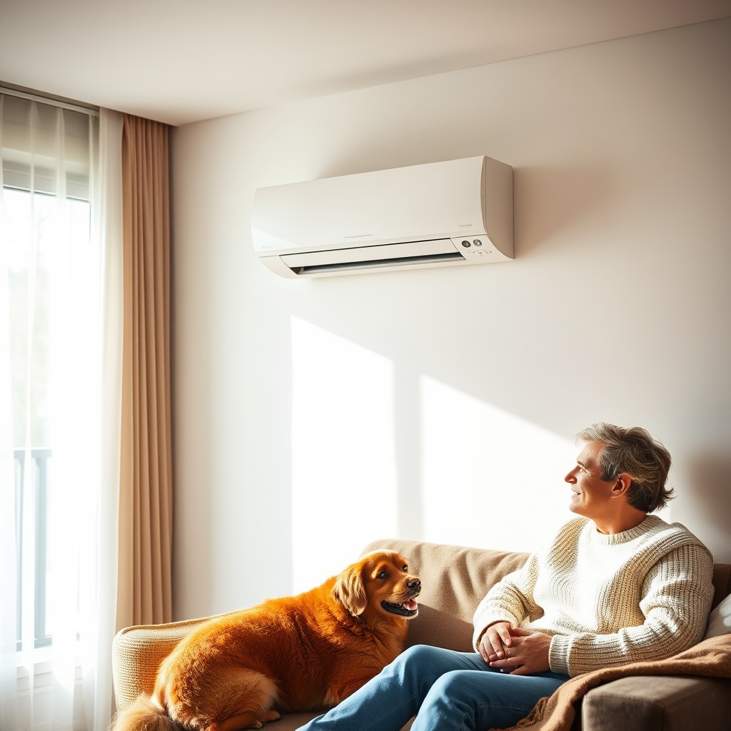 AI generated image by FLUX.1-schnell: Modern wall-mounted air conditioning unit in a modern flat. The room is heated with this unit. It is nice and warm. The husband, woman and dog are happy and enjoy the comfort they have. There is nice natural light in the room. Realistic photo