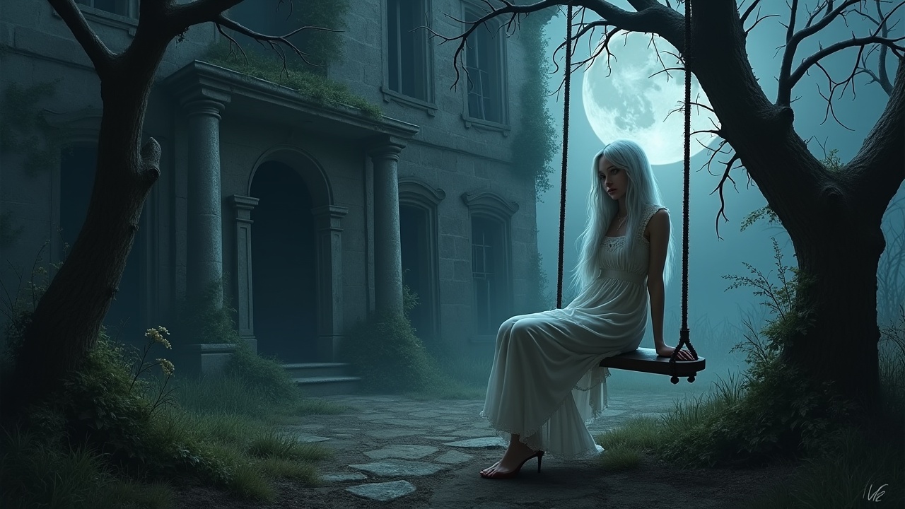 AI generated image by FLUX.1: Image is a digital fantasy artwork featuring a mystical scene. The layout is centered around a young woman with long, flowing white hair sitting on a wooden swing in the overgrown, darkened garden of an ancient, abandoned mansion. The mansion's intricate stone walls, overgrown with vines and moss, loom in the background, with broken windows and cracked walls that seem to whisper secrets to the moon. She is wearing a delicate, tattered white dress with lace details, and her pale skin seems almost translucent in the faint moonlight. The moon, now a faint silver crescent, casts an eerie glow, illuminating the scene with an otherworldly, ominous light. Twisted, leafless trees, their branches like skeletal fingers, surround the subject, adding to the foreboding atmosphere. The color palette is predominantly dark, muted tones, with shades of indigo, grey, and black,Enhancing the haunting quality of the image.