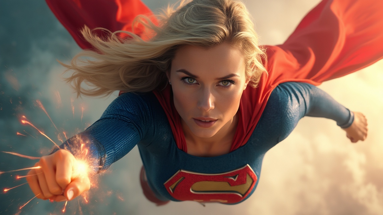 AI generated image by FLUX-Realism-Lora: Ultra-realistic, powerful, busty Supergirl flying forward with intense focus, framed in a mid close-up, dynamic action shot. Her blonde hair flows back in motion, and she wears a textured blue suit that is torn in the chest area from battle, featuring the iconic "S" symbol prominently displayed on her chest. Her red cape billows behind her, and she emits bursts of energy from her hands, illuminating her fierce, heroic expression. 
