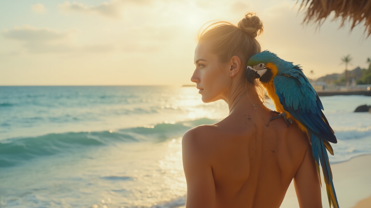 AI generated image by FLUX-Realism-Lora: Naked woman on the beach stares at the sun with a blue parrot on her shoulder.
