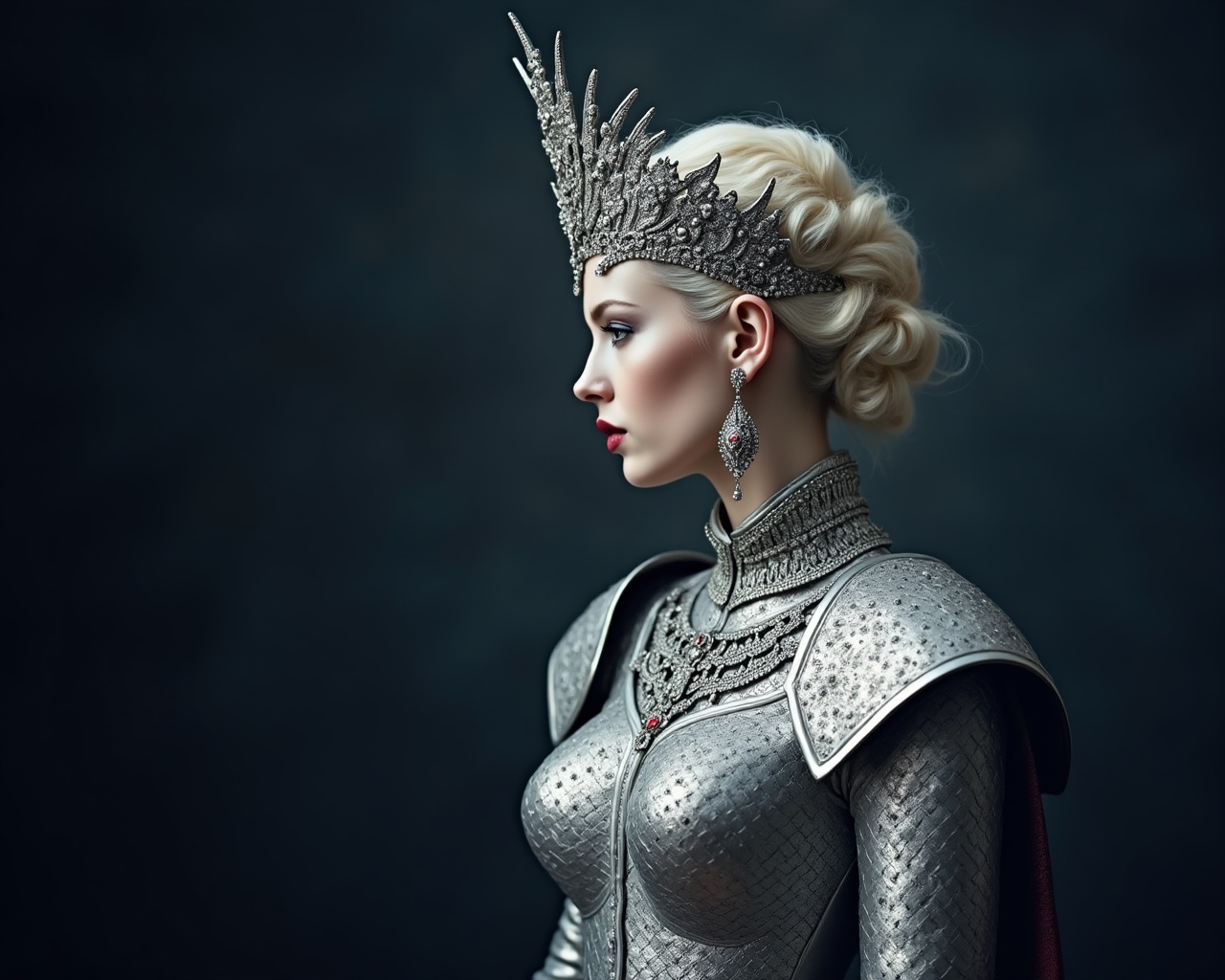 AI generated image by FLUX.1:  The image depicts a valkyrie in profile, adorned in ornate siver armor and jewelry, complete with an intricate headpiece. Her pale skin is embellished with silvery accents, and her hair is arranged in an elegant braided updo. The lighting accentuates the elaborate details of her armor and accessories, set against a dark gradiant backdrop, conjuring a majestic and theatrical ambiance.