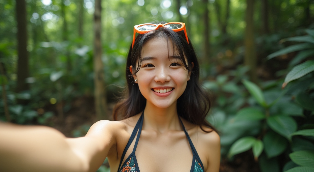 AI generated image by FLUX.1-pro: "A pretty young Korean girl takes a selfie middle of the jungle with a smile on her face, wearing a bikini."