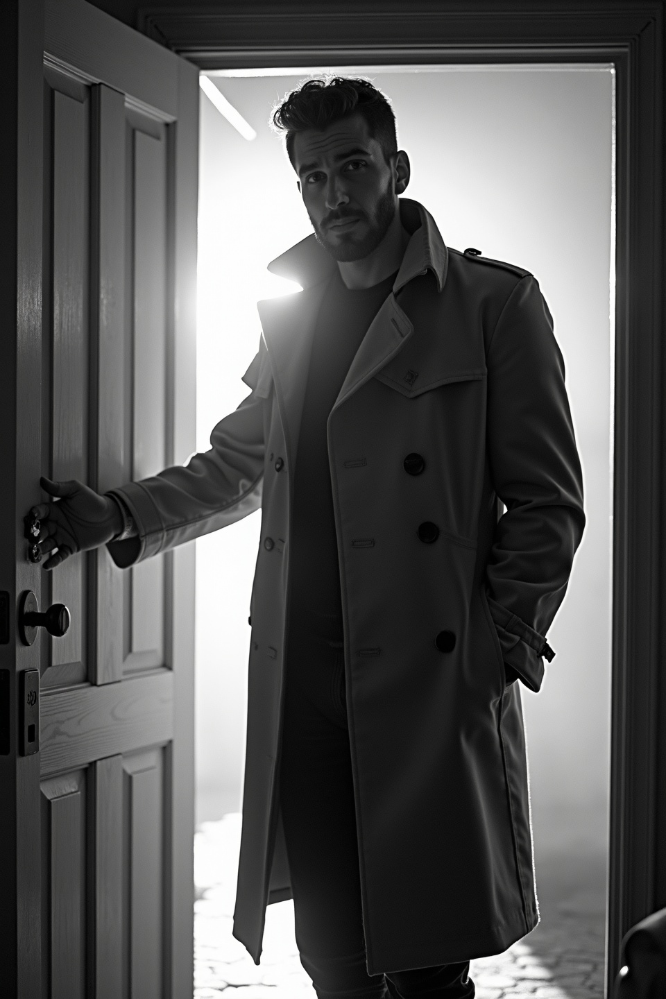 AI generated image by FLUX.1-image-to-image: black-and-white photo with the backlit dark silhouette of a handsome broad-shouldered man in a trench coat standing in a doorway coming and looking to camera. 
The man touching the door, as if he just entered the room. God rays. Backlight. Overexposed street background 