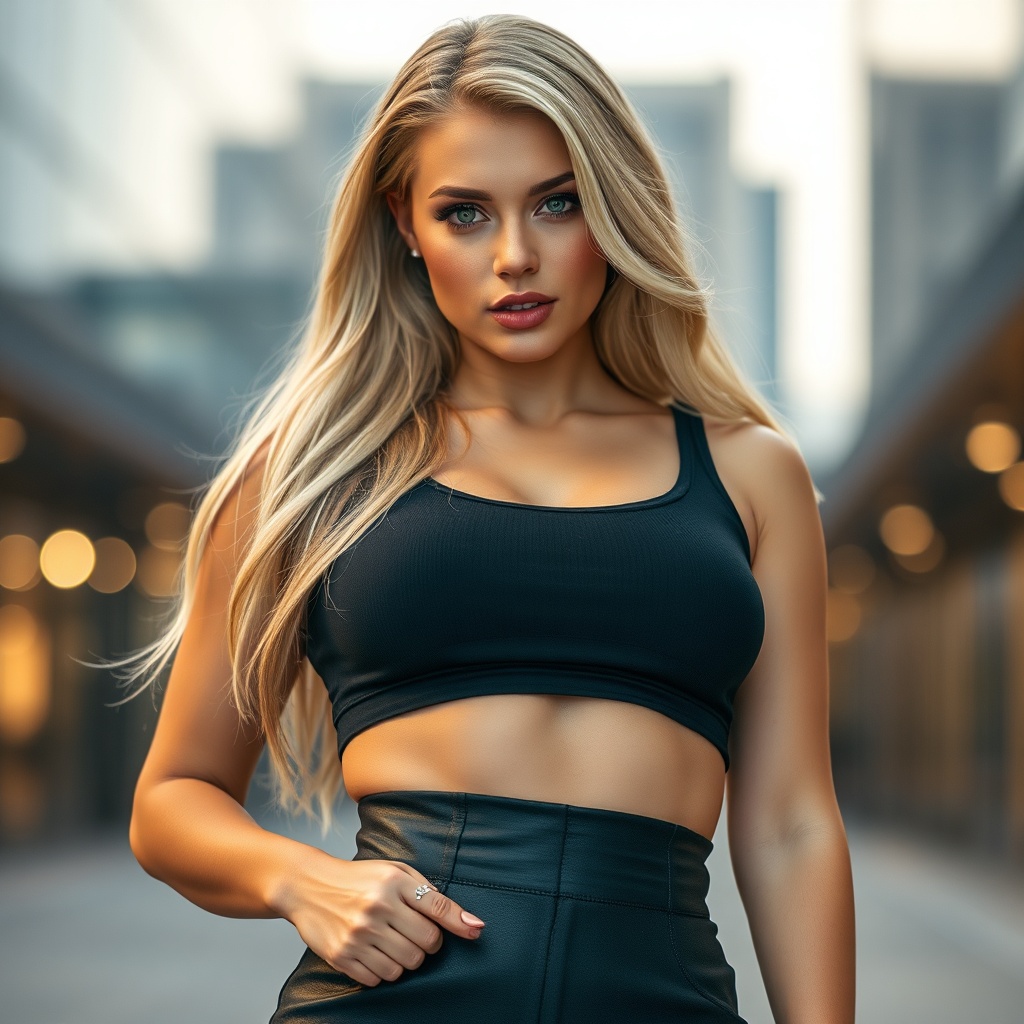 AI generated image by FLUX.1-schnell: stunning blonde influencer, slightly green eyes, fit and curvy body, perfect skin, glossy lips, confident pose, wearing attention-grabbing stylish clothing (fashion crop top, tight high-waist pants, or mini dress), modern urban background blurred, soft cinematic lighting, high-end commercial photography, tiktok-style aesthetic, vibrant and clean colors, realistic face, sharp details, professional look, dynamic composition, eye-catching thumbnail energy