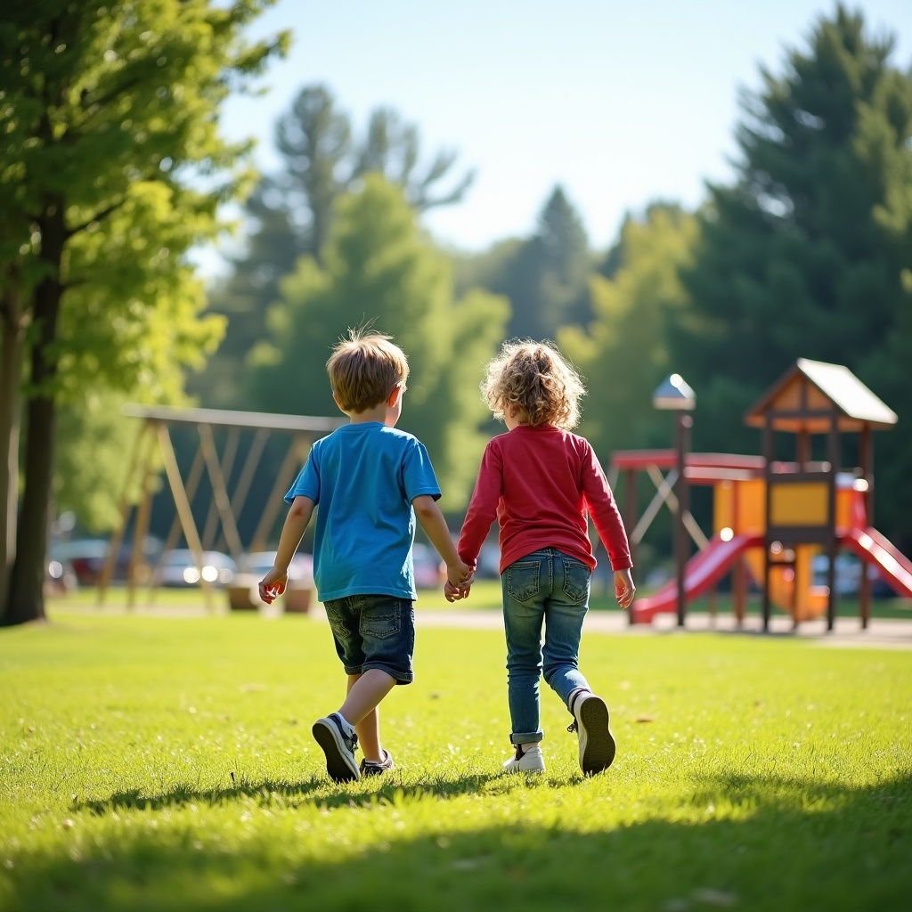 AI generated image by FLUX.1: A vibrant park on a sunny day with green grass, tall trees, a playground with swings and slides in the background. Two kids, Kid 1 wearing a blue shirt and shorts, and Kid 2 wearing a red shirt and jeans, are seen playing together.