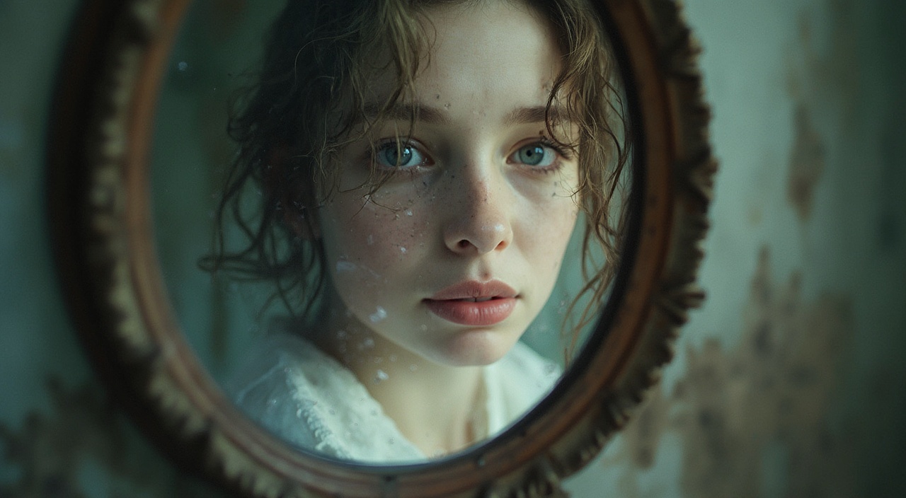 AI generated image by FLUX-Realism-Lora: Un espejo roto reflejando una imagen distorsionada de una hermosa mujer, simbolizando la confusión y la distorsión de la realidad.