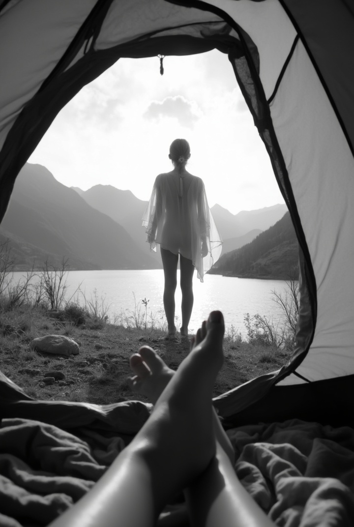 AI generated image by FLUX-Realism-Lora: A black-and-white photograph from inside a tourist tent, showing bare feet in the foreground. In the midground, the silhouette of a young woman is standing outside the tent with her back to the viewer, wearing thin transparent cape on her naked body. Her legs are shoulder-width apart. It's daytime, with a natural scene of mountains and a lake in the background

