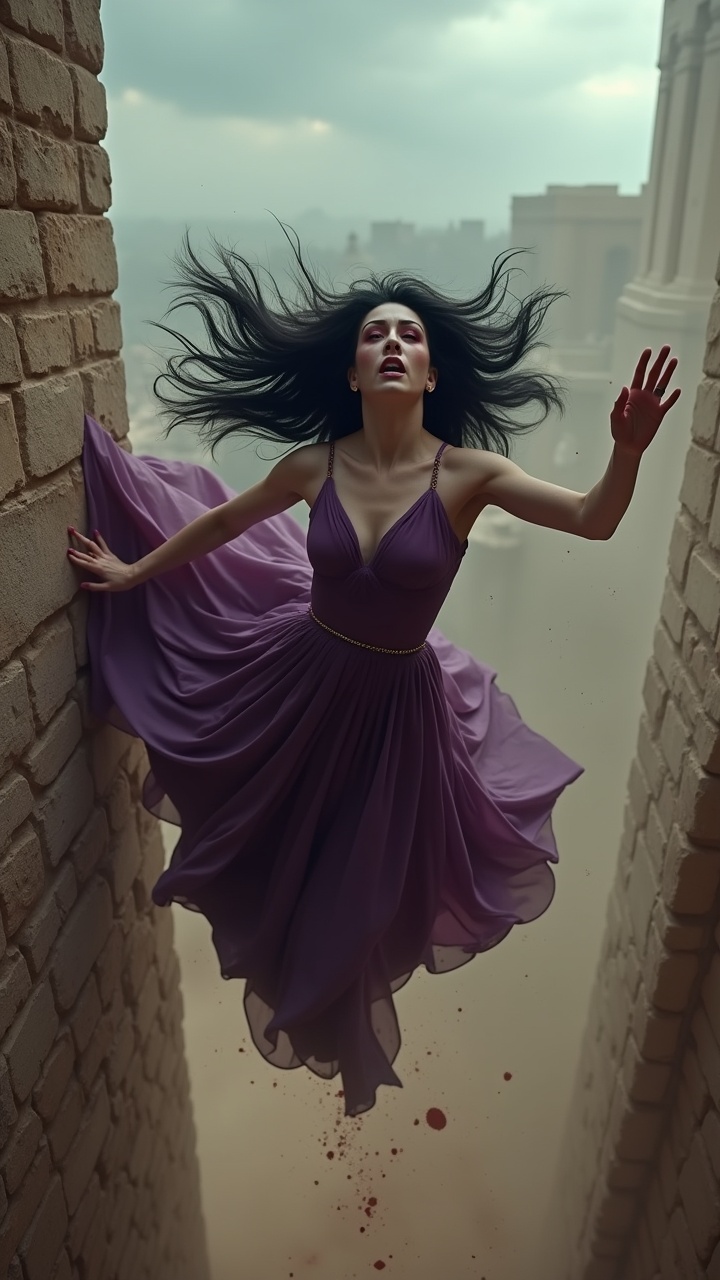 AI generated image by FLUX.1: "Ultra-detailed 8K dynamic shot, Jezebel, a 50-year-old woman, pale skin with kohl and red eyeshadow, long black hair whipping, luxurious purple dress billowing violently, small golden crown flying through the air, falling from a high palace window, body twisting, face in panic, blood splattering on hitting the dusty ground, stone palace in the background, stormy gray sky, dust exploding on impact, 9th century BC, brutal cinematic style with hyper-realistic textures in skin, fabric, and blood."