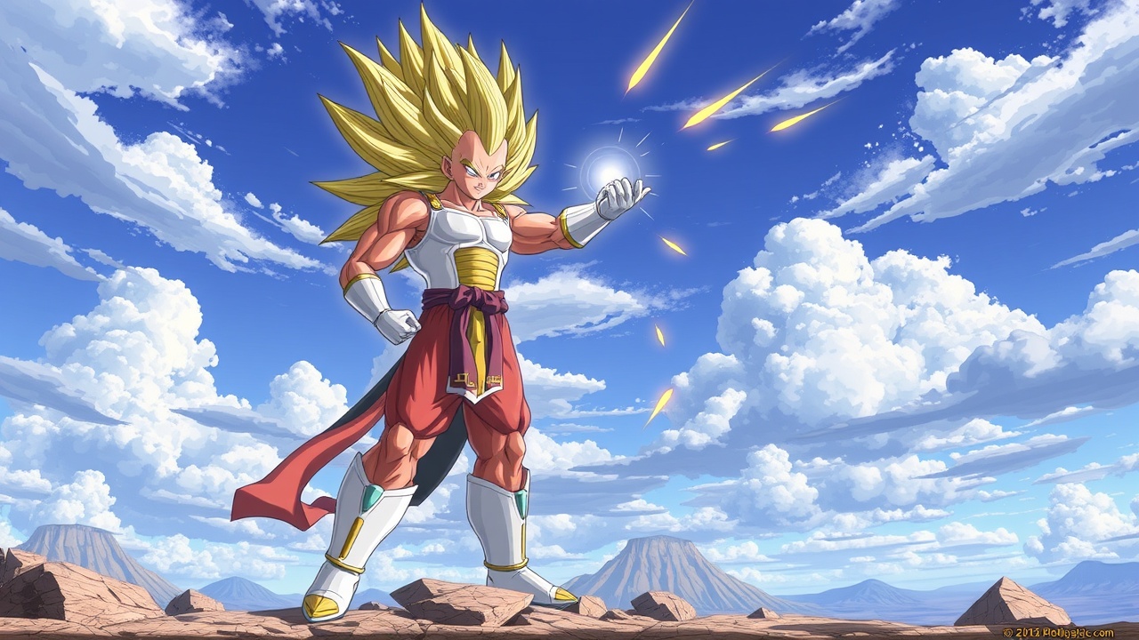 AI generated image by FLUX.1-schnell: crea un samurái transformado en super saiyajin 4(de dragon ball gt), mirando el atardecer en Venezuela, se que vea el samurái