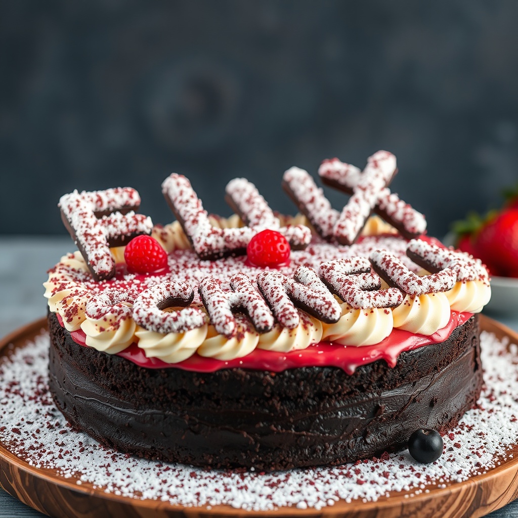 AI generated image by FLUX.1-schnell: black forest gateau cake spelling out the words "FLUX SCHNELL", tasty, food photography, dynamic shot