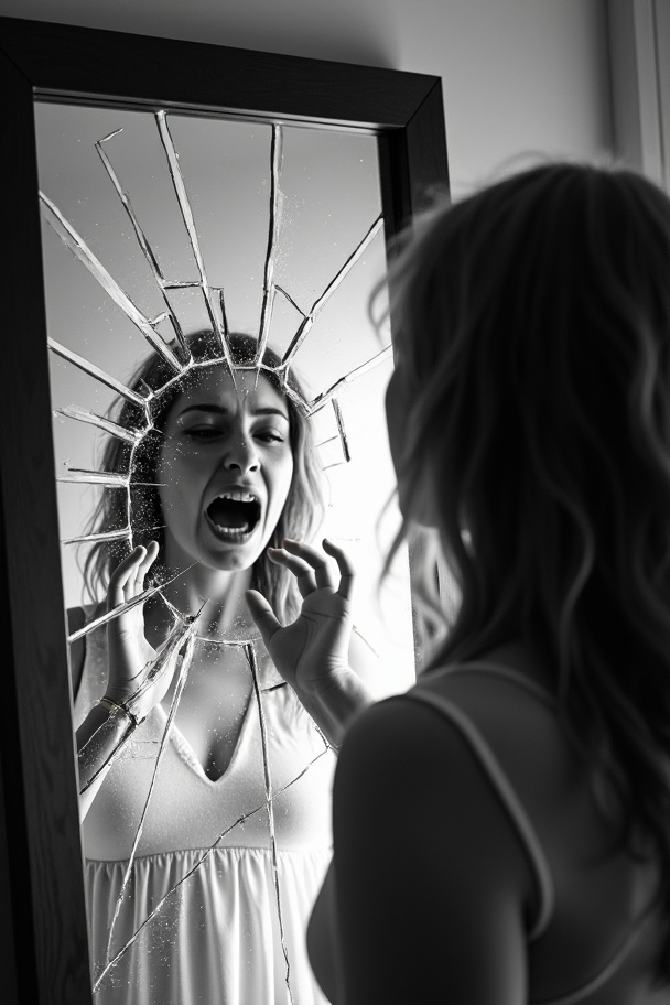 AI generated image by FLUX.1-image-to-image:  a black and white photo of a woman touching a shattered mirror, with cracks radiating from the reflection of her screaming mouth. Dramatic low-key lighting. Backlight. 