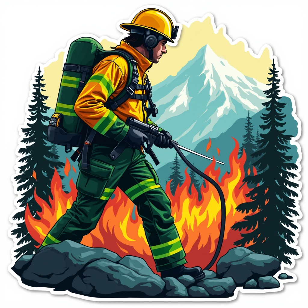 AI generated image by FLUX.1-pro: Sticker design, A forest firefighter with green pants and a yellow shirt, and a backpack on his back, fighting a forest fire in the mountains, vector, highly detailed, 8K, illustration, vibrant, white background