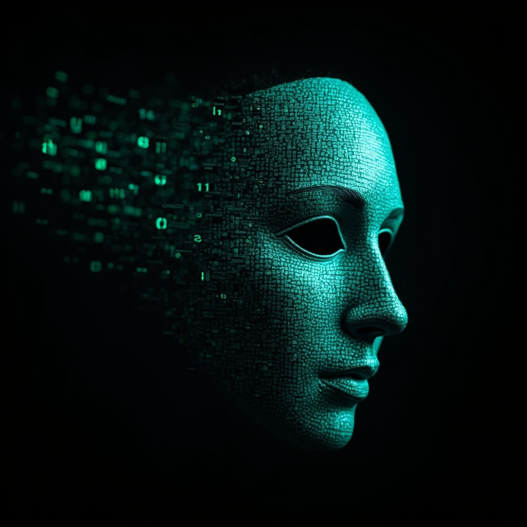 AI generated image by FLUX-Realism-Lora: Ada Lovelace's face as a digital mask made from thousands of turquoise numbers and formulas forming his face. the formulas and numbers fly behind the mask leaving a trail of complexity. the mask is floating dynamically in mid air. his head is turned to the right but his eyes are looking directly into the camera. the mask is on a black background.  like a png with black only background. photo realistic, sci-fy