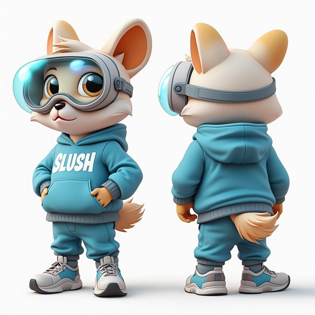 AI generated image by FLUX.1-pro: Create a cute, cartoon-style mascot of a chubby animal with a white body, light brown ears, and big expressive eyes. It wears a blue hoodie with "SLUSH" in white, blue pants, and sneakers. Add large, futuristic goggles with a light blue tint. Render from front, side, and back views with bright colors, smooth lines, and soft shading. Make it cheerful, smooth lines and shading