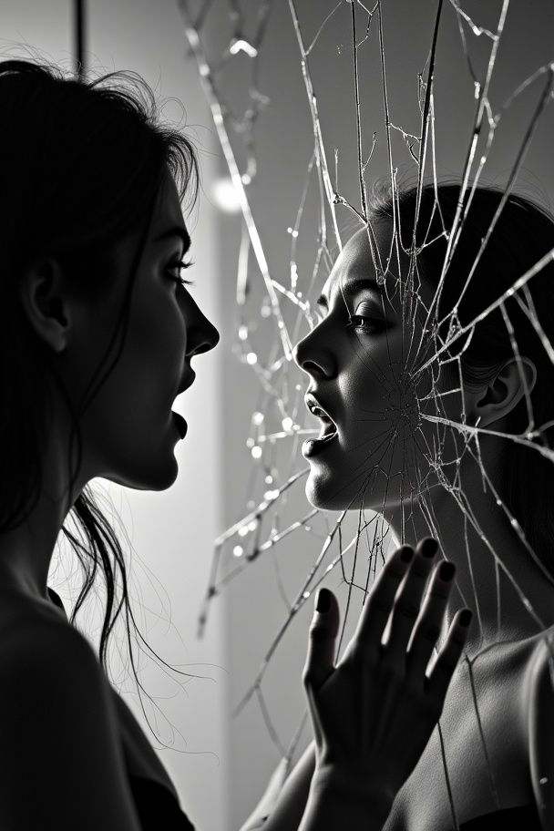 AI generated image by FLUX.1-image-to-image:  a black and white photo of a woman touching a shattered mirror, with cracks radiating from the reflection of her screaming mouth. Dramatic low-key lighting. Backlight. 