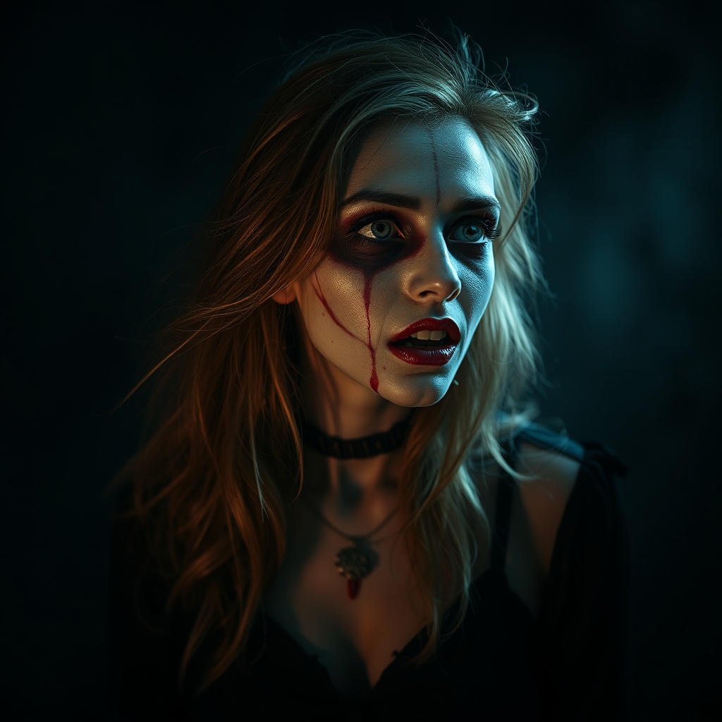 AI generated image by FLUX.1-schnell: 
give me a real horror lady,the background is dark