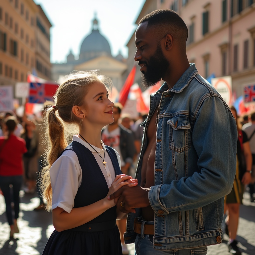 AI generated image by FLUX.1-pro: A young, blonde italian busty cleavage 18-year-old schoolgirl in a traditional uniform with a cross in necklace, her bright smile and sparkling eyes locked in a flirtatious gaze with a dark-skinned refugee man, his weathered face a testament to his journey, as they stand together in a vibrant 'No Borders' demonstration in the heart of Rome, Italy, amidst a sea of colorful signs and banners, the warm Italian sunlight casting a golden glow over the scene, capturing the essence of hope and unity in the face of adversity, with the man's worn denim jacket and the girl's crisp school uniform a poignant contrast, yet their connection is undeniable, as they stand together, hands clasped, in a powerful statement of solidarity and acceptance, with the city's ancient architecture serving as a stunning backdrop to their modern-day message of inclusivity and compassion.