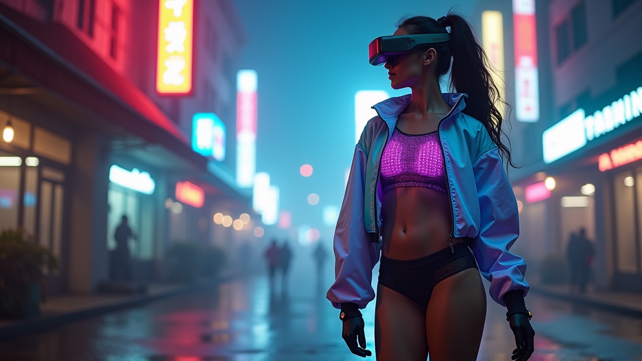 AI generated image by FLUX.1: a beautiful woman,  curvy and well-proportioned .,  A colorful electronic short jacket .,  Clothing with luminous organs that shine with an electronic circuit pattern.,  Glasses showing a frameless user interface ,  headphone wirelesse ,  and gaming-style clothing . Gloves,  The fashion of showing the navel ,  Colored shorts and tights ,  An abandoned city in a science-fiction future ., thick fog,  neon lights,  deep depth of field , Strong glow ,  Masterpiece,  Live-action sci-fi movie ,  detailed description , 8K