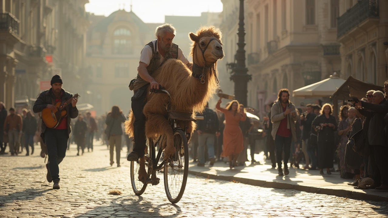 AI generated image by FLUX-Realism-Lora: A close-up photograph of a camel pedaling energetically on a bicycle, old town Square in Prague. Tourists surrounding, some taking photos, others walking. Musicians playing on the side, a painter capturing the scene on a canvas. Morning light, soft shadows, rich textures of the cobblestones, Vltava river visible in the background, subtle lens flare. Photorealistic, Canon EOS R5, 85mm lens, f/1.4, vibrant colors, natural focus, cinematic atmosphere
