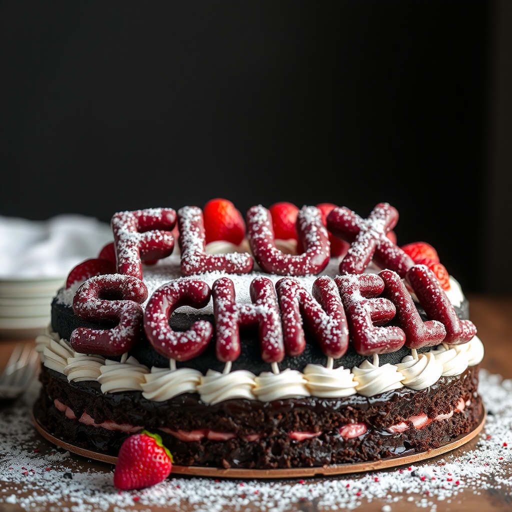 AI generated image by FLUX.1-schnell: black forest gateau cake spelling out the words "FLUX SCHNELL", tasty, food photography, dynamic shot