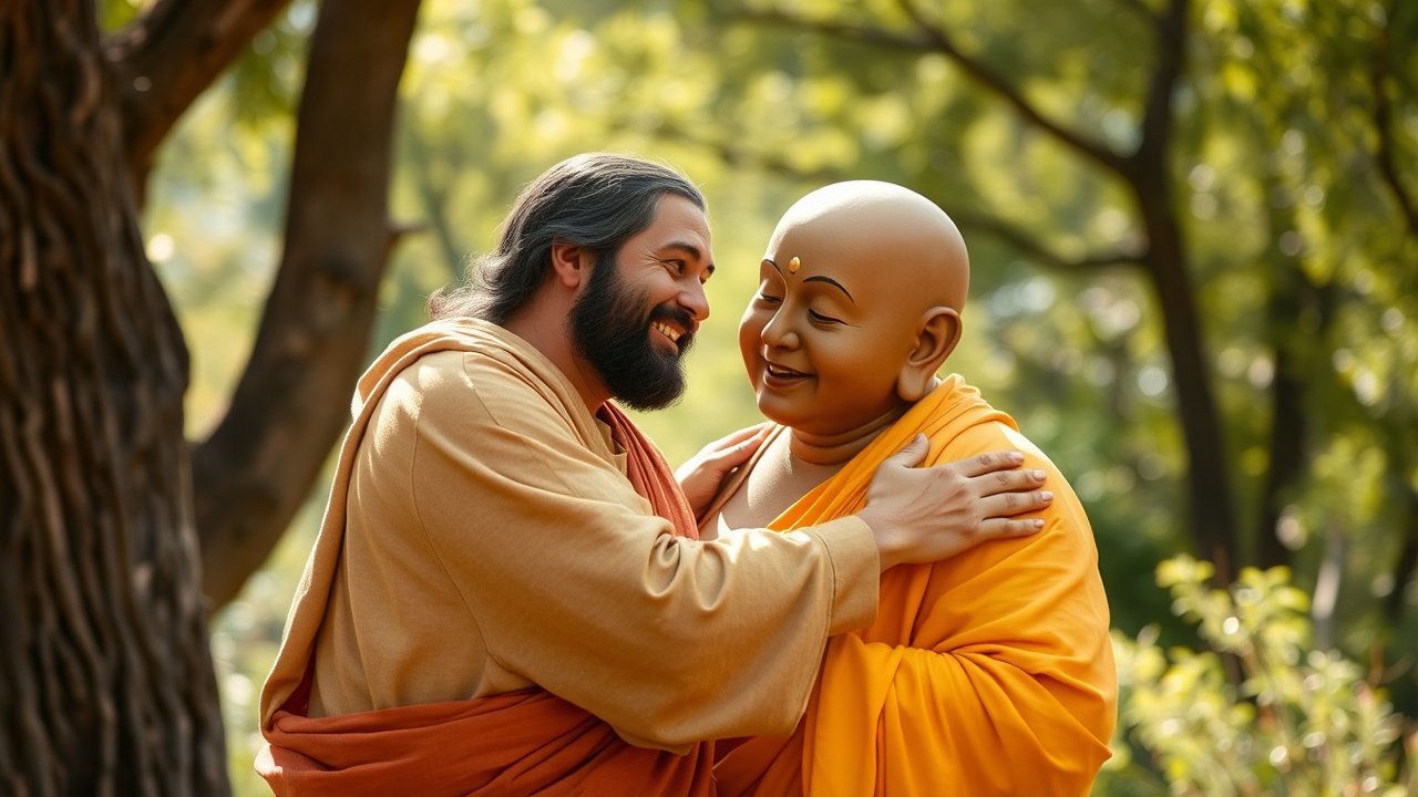 AI generated image by FLUX.1-schnell: Jesus and the buddha Gautama hugging, photo realistic, bright outdoors in a natural setting