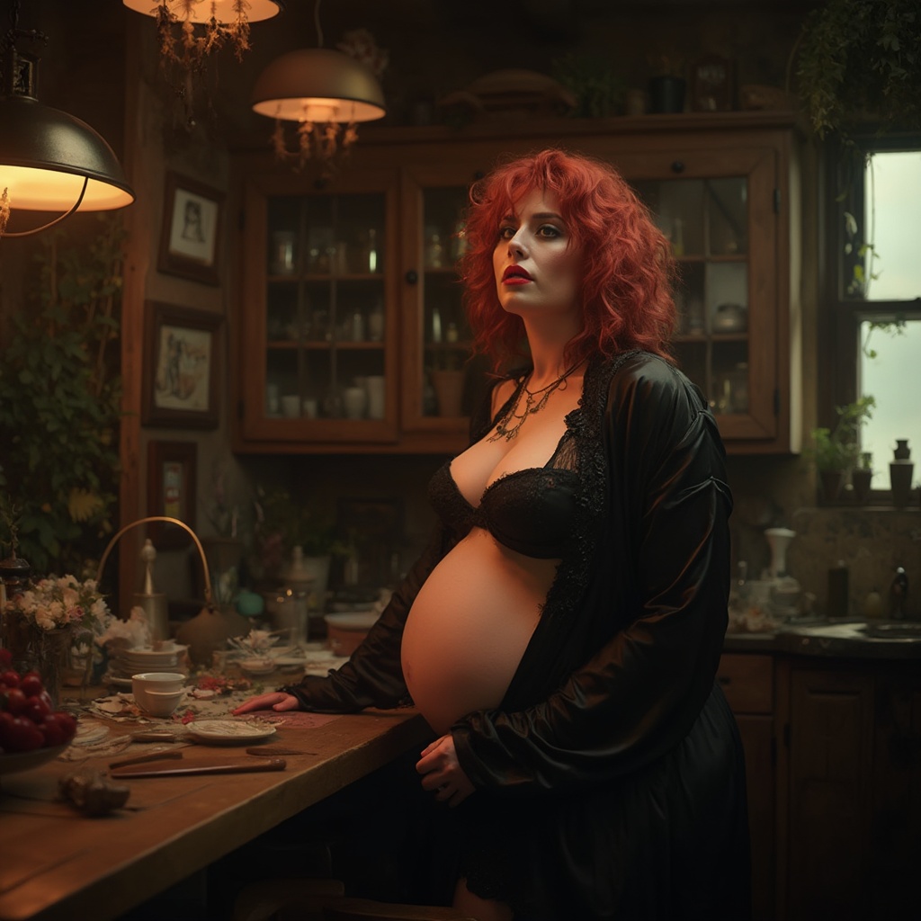 AI generated image by FLUX-Realism-Lora: TOK person photography, fine art photography, photo focus, lens flare, hyper maximalist, hyper realist, night lighting, loft style kitchen, insanely detailed, complex character, unusual side view: (mature sexy woman 57 years old, big breasts, bold look, bright makeup, wavy bright red hair) ((bent over belly on table, in black lace silk robe, unbuttoned)) unusual side view