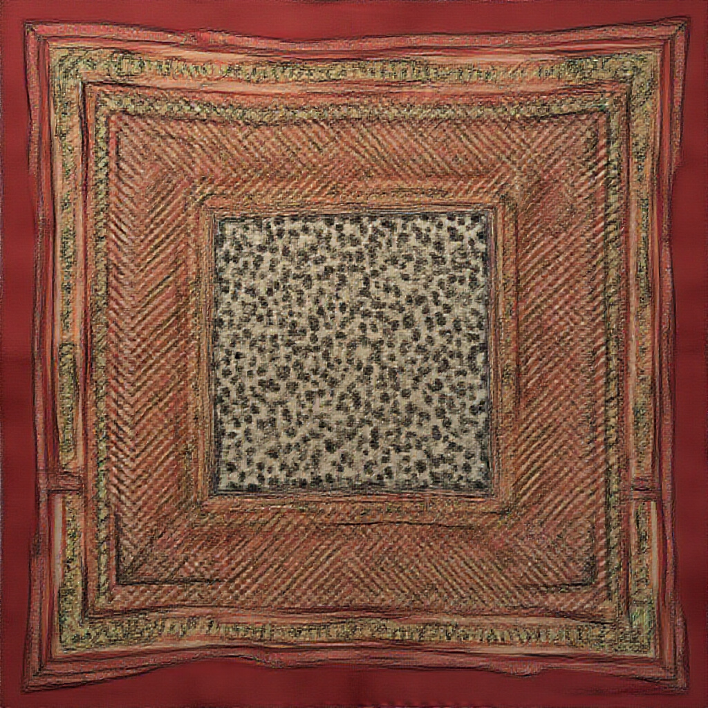 AI generated image by FLUX.1-pro: A digital art of a Gucci-style silk scarf design rather than actual scarf. The central design is an animal-print pattern, and the corners of the design have an animal-print pattern as well. The background has an intricate stripes pattern. The edges of the curved-like-square are decorated with an elegant leather belt allover. The painting is on a Cherry red and off-white background.