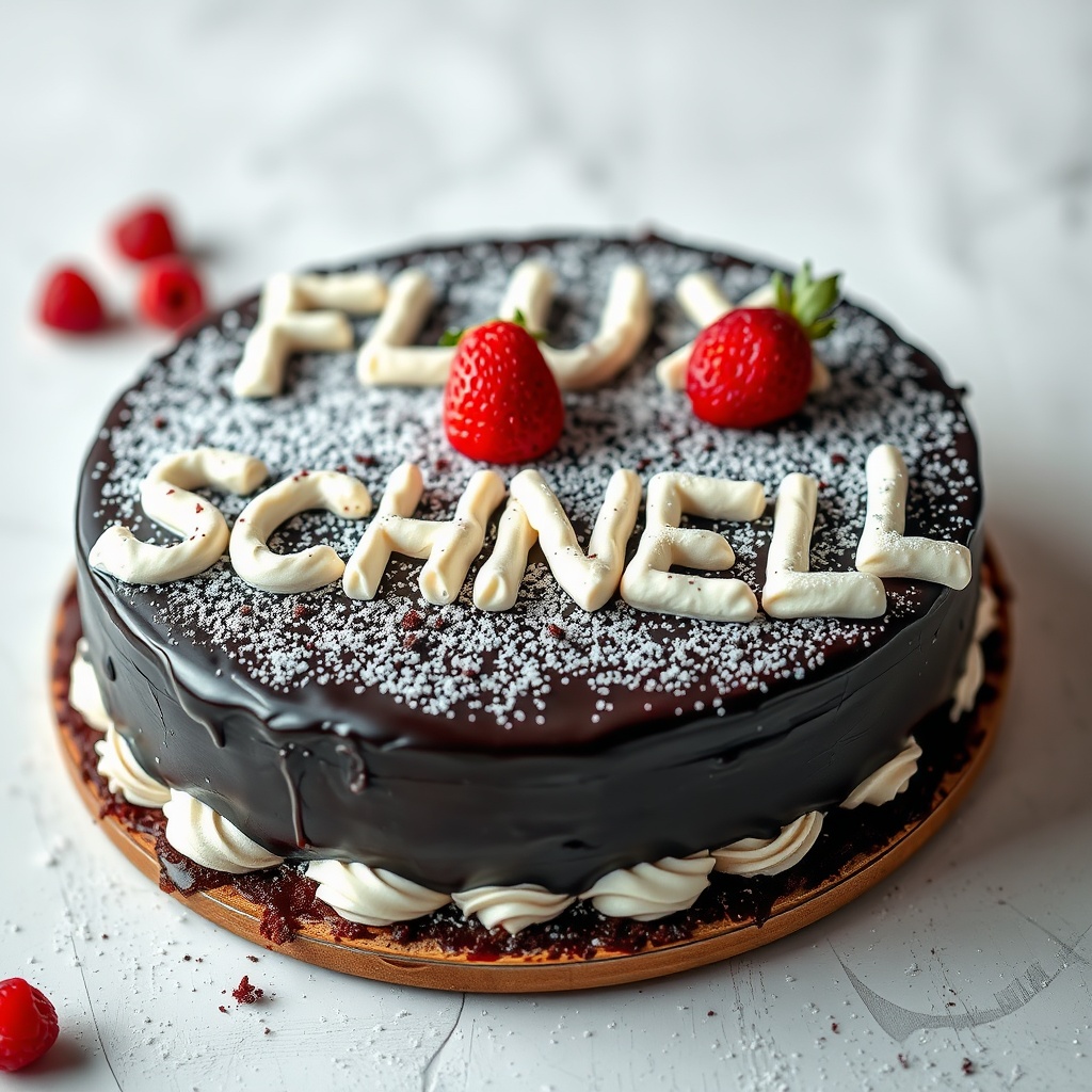 AI generated image by FLUX.1-schnell: black forest gateau cake spelling out the words "FLUX SCHNELL", tasty, food photography, dynamic shot