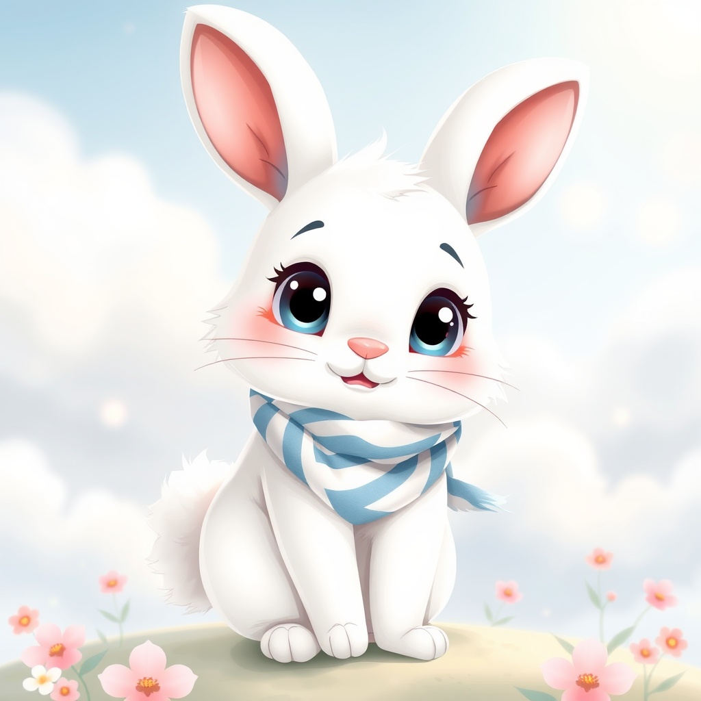 AI generated image by FLUX.1-schnell: "A sweet rabbit, a cute children's story character. The character has soft white fur, big bright eyes and a friendly facial expression. The inside of its ears, tiny nose and paws are in pastel blue tones. It has a slightly chubby and cuddly body structure. Its tail is fluffy and cottony. It has a cute blue-white striped scarf on it. It stands among the clouds or in a flowery meadow in a fairytale atmosphere. It must be created in a cartoon style, with soft lines and a child-friendly art style