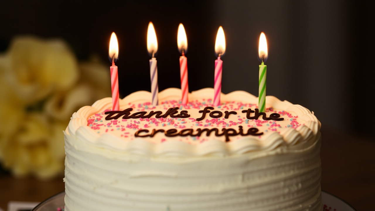 AI generated image by FLUX.1-schnell: Birthday cake with candles saying “thanks for the creampie”