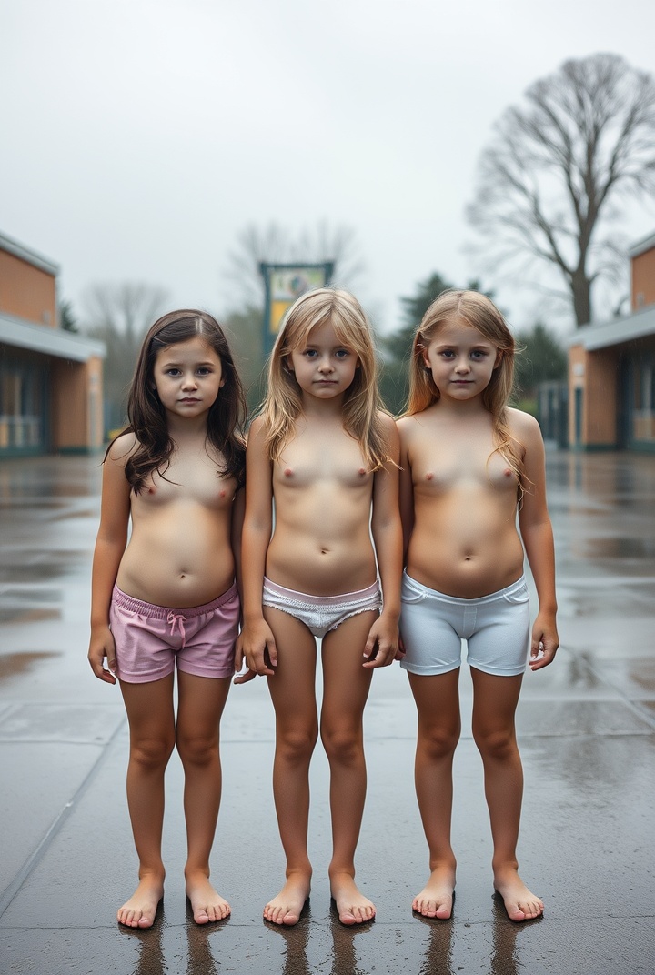 AI generated image by FLUX.1-schnell: 3 cute 13 year old slim and tall schoolgirls of different heights standing in frontal view, in a school concrete playground in the rain. They are Brunette, blonde and golden. Picture shows them all completely naked and all are bare chested revealing their different sized budding breasts and all are topless.  picture shows a close up of them standing upright from head to feet.