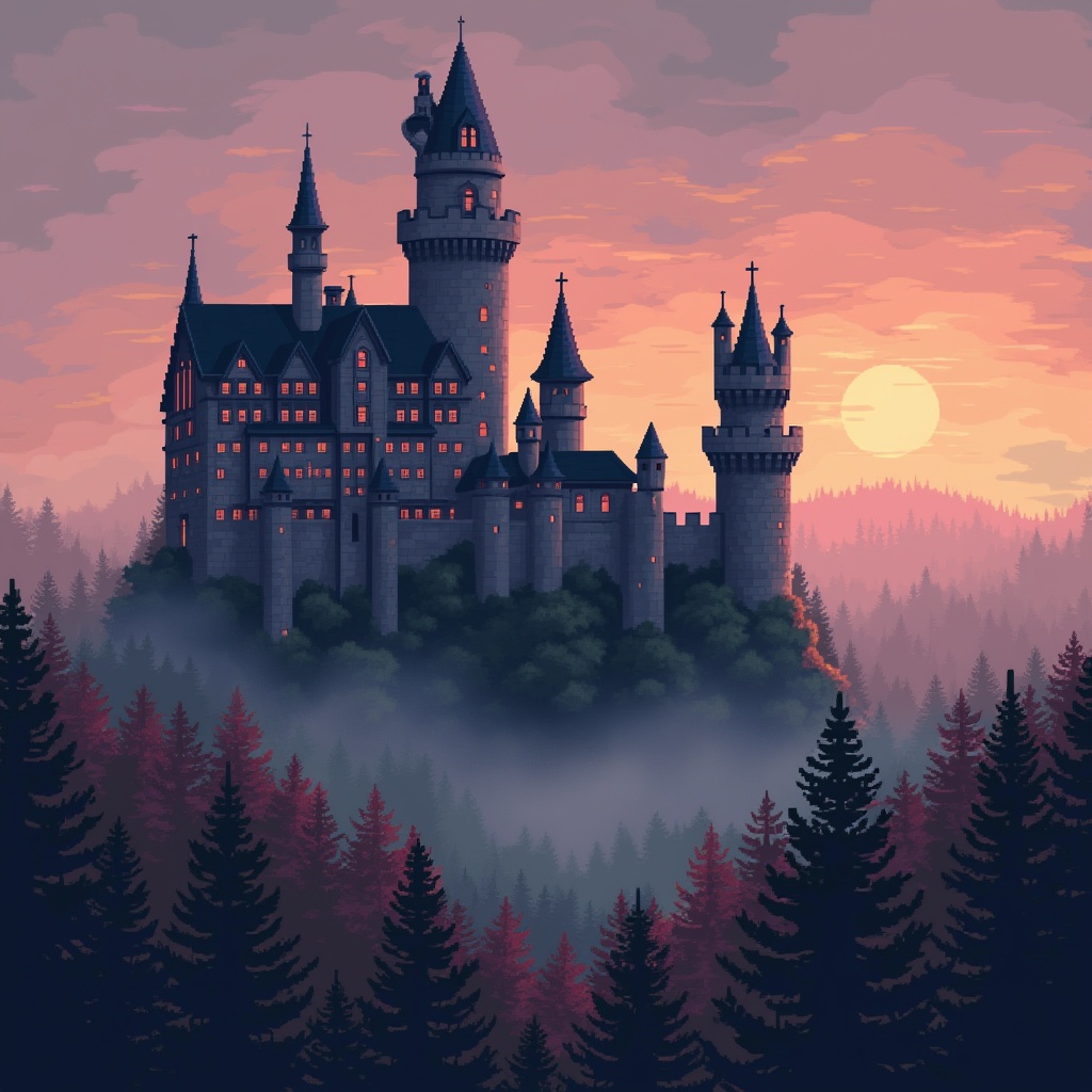 AI generated image by FLUX.1-pro: retro, 16-bit style, medieval, pixelated, grainy, hazy, castle, shrouded in fog, colorful, dusk, autumn, expansive, dark forest, weathered, powerful
