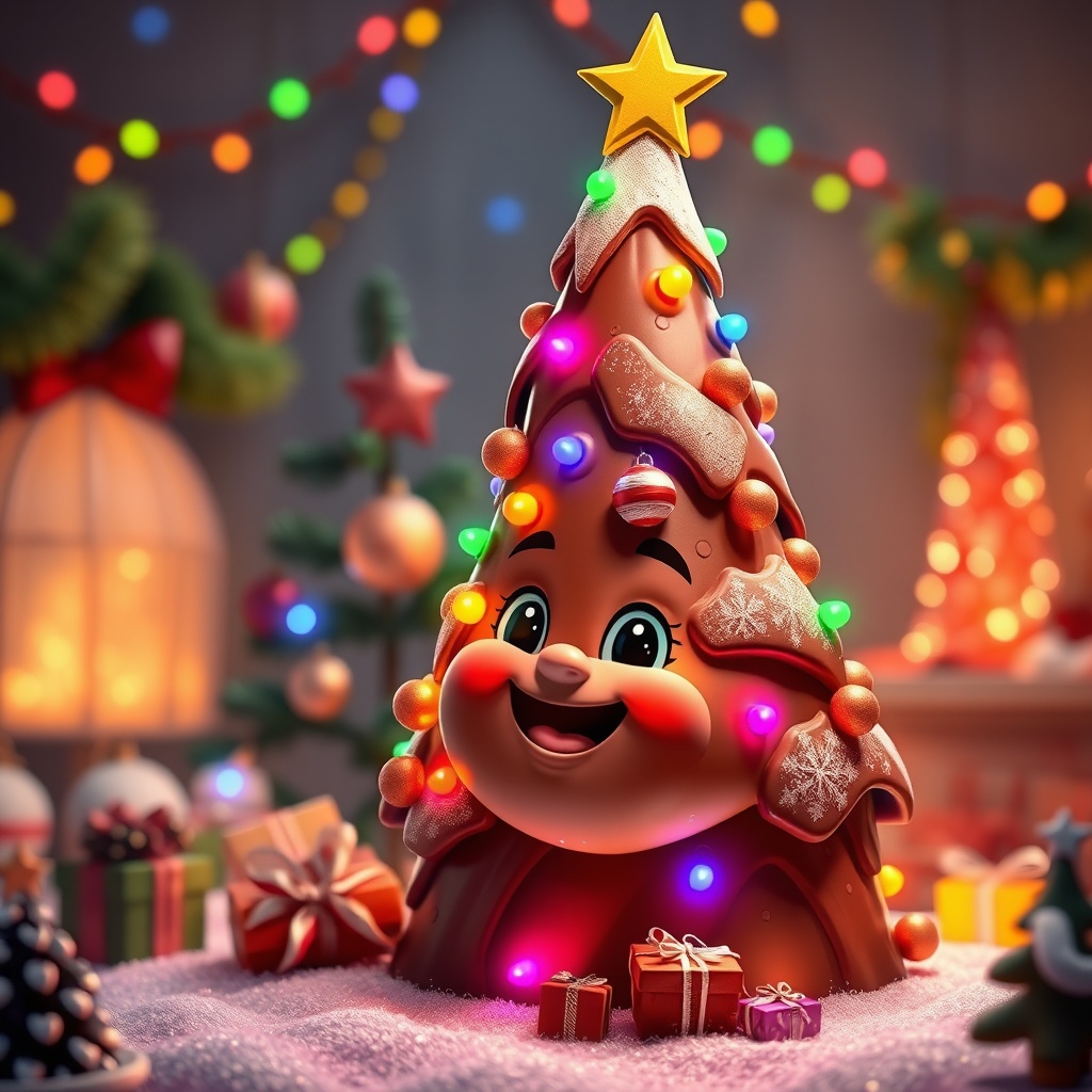 AI generated image by FLUX.1-schnell: A animation and festive chocolate Christmas tree with colorful lights and ornaments. The scene radiates joy and warmth, perfectly embodying the spirit of Christma. with face and so happy and life cute, so so cute

