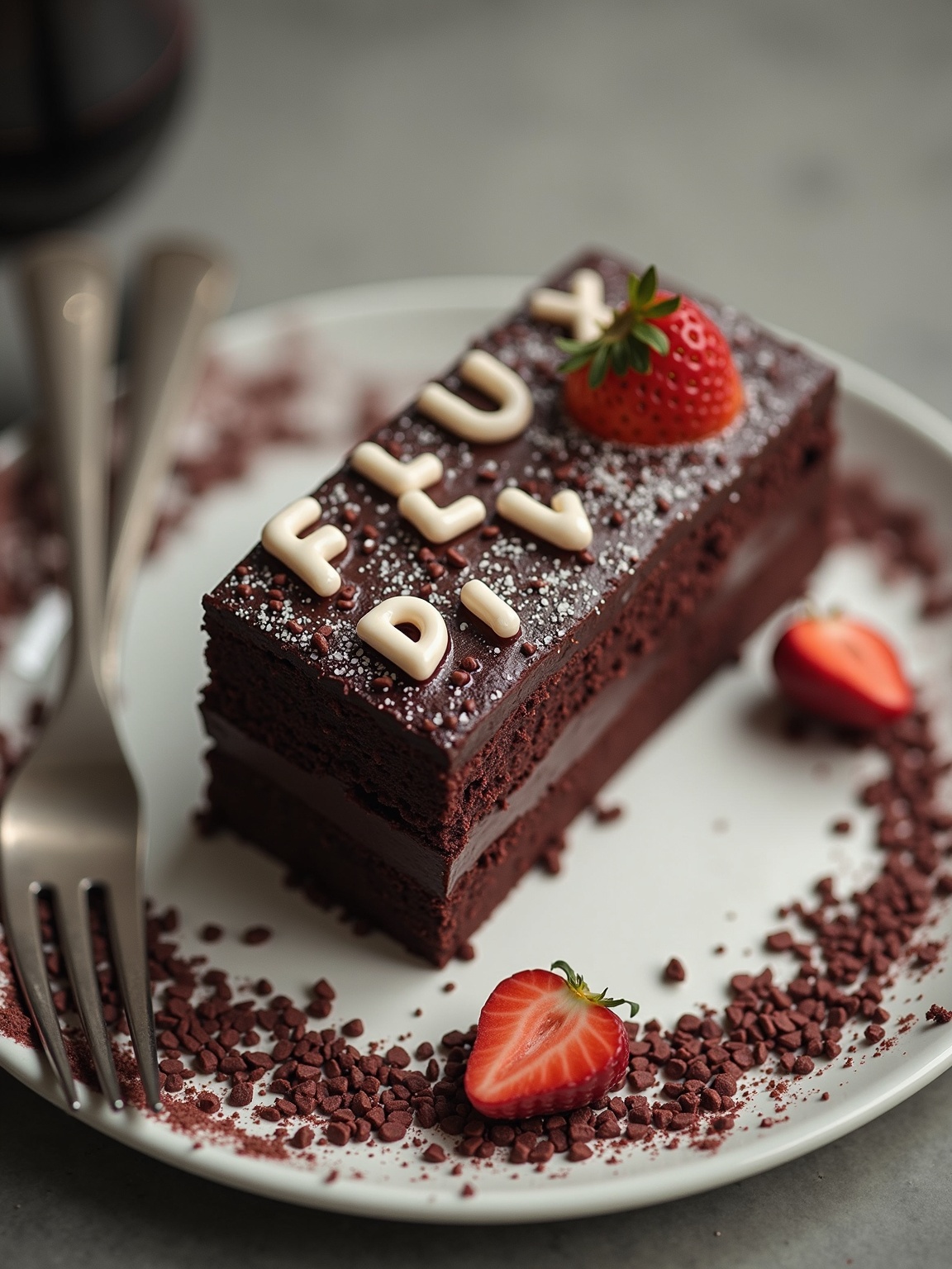 AI generated image by FLUX.1-image-to-image: black forest gateau cake spelling out the words "FLUX DEV", tasty, food photography, dynamic shot
