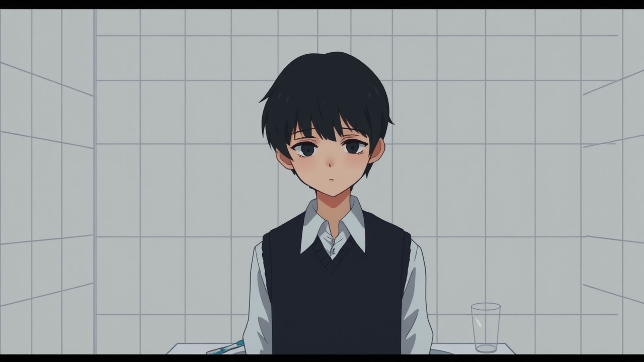 AI generated image by FLUX.1-schnell: Omocat's omori game artstyle, The image depicts a young person standing in front of a bathroom sink, their expression somber. Their dark hair is neatly styled, and they are dressed in a white shirt with a dark vest. The tiled walls behind them are plain and featureless, creating a sense of isolation. The only other elements in the scene are a toothbrush and a glass on the counter, suggesting a routine that the individual may find difficult to engage in. The overall mood of the image is melancholic, hinting at a sense of loneliness or sadness. The subdued colors and minimalist composition further contribute to the somber atmosphere.  The image leaves room for interpretation, inviting viewers to consider the inner thoughts and feelings of the subject.