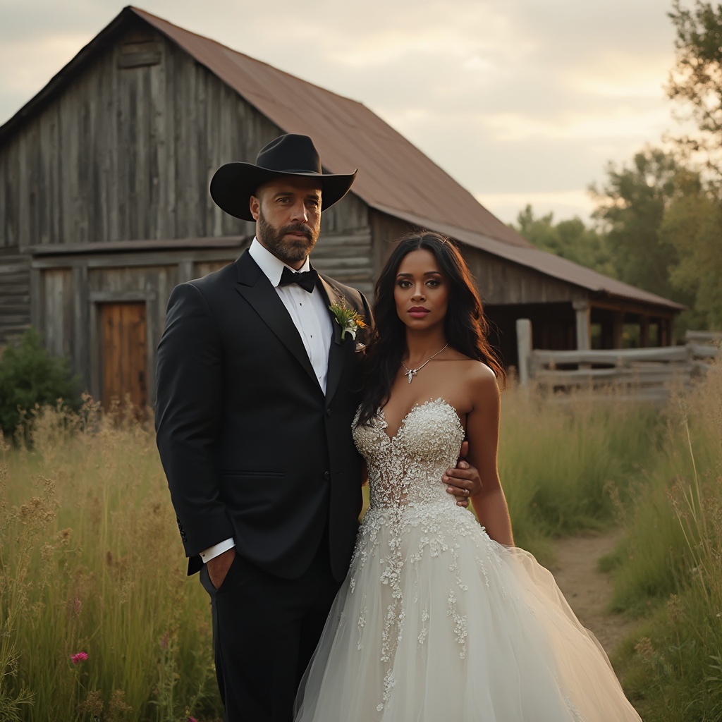 AI generated image by FLUX-Realism-Lora: A romantic wedding scene in nature featuring a couple posing near a rustic barn. The groom is a tall, 6-foot, 260-pound, 35-year-old Caucasian man with a muscular bodybuilder physique, short dark brown hair, and piercing blue eyes. He is wearing a cowboy hat and a tuxedo. The bride is a stunning modern Native American woman with long black hair, warm brown eyes, and sun-kissed tan skin, dressed in a beautiful modern wedding gown. She is nearly as tall as the groom. The backdrop includes lush greenery and a rustic barn under a serene sky, creating a warm and romantic atmosphere.
