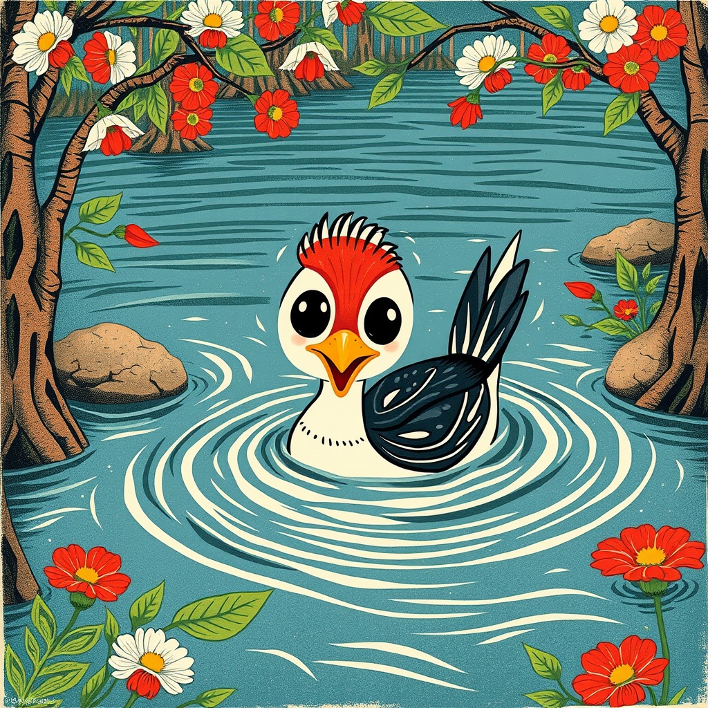 AI generated image by FLUX.1-schnell: Generate a delightful scene featuring a whimsical Smew bird with large, expressive eyes as the focal point, joyfully swimming through a decorated river, in a colorful woodblock print style. 