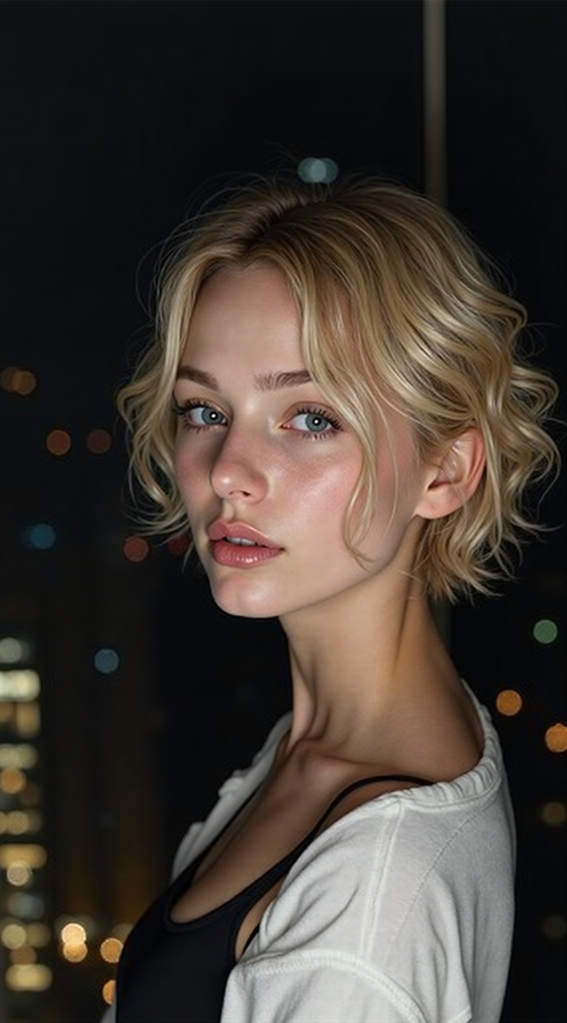 AI generated image by FLUX.1-image-to-image: Photorealistic portrait of a beautiful young woman with short wavy blonde hair, fully nude, standing confidently in a modern high-rise apartment in front of a large floor-to-ceiling window at night, city skyline with glowing building lights in the background. One hand on her hip, the other lightly touching her shoulder, subtle seductive expression with slightly parted lips. Perfect feminine proportions, natural large breasts, smooth realistic skin with subtle pores, freckles, and soft highlights from city lights. Cinematic night lighting, shallow depth of field, sharp focus on subject, ultra-detailed skin texture, 8K resolution, professional studio photography style, shot on Canon EOS R5 with 85mm lens