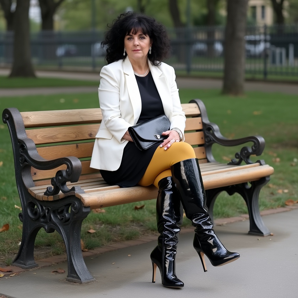 AI generated image by FLUX.1-pro: A middle-aged woman, slightly overweight, is sitting sideways on a wooden bench in a park. She is wearing a white blazer, black skirt, dark yellow-beige tights and black patent leather thigh-high boots with stilettos, she has black curly hair with bangs, she holds a black clutch bag on her lap, and she looks seriously straight at the camera.  The bench stands on the sidewalk, with trees and a fence visible in the background.