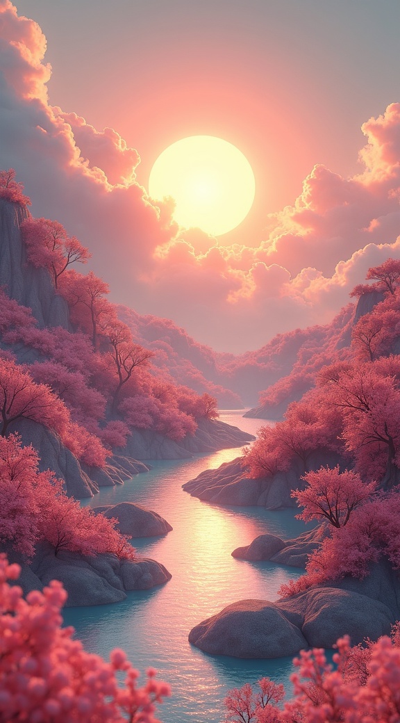 AI generated image by FLUX.1-image-to-image: So, this is not just a 3D landscape, but a real portal to possibilities! In this landscape, in the Butter Cream sky, in the center of the picture, there is a bright Sun. The central, blazing sun dominated the sky, washing the virtual world with Wabi-Sabi light. Woven into this incredible landscape is a miraculous program that forms reality! It is imprinted on our brains, like a tattoo with superpowers! And here the magic begins! The brain begins to vibrate in unison with the Universe, attracting to itself everything that we so passionately desire! This program gives you incredible power and the right to rule. 